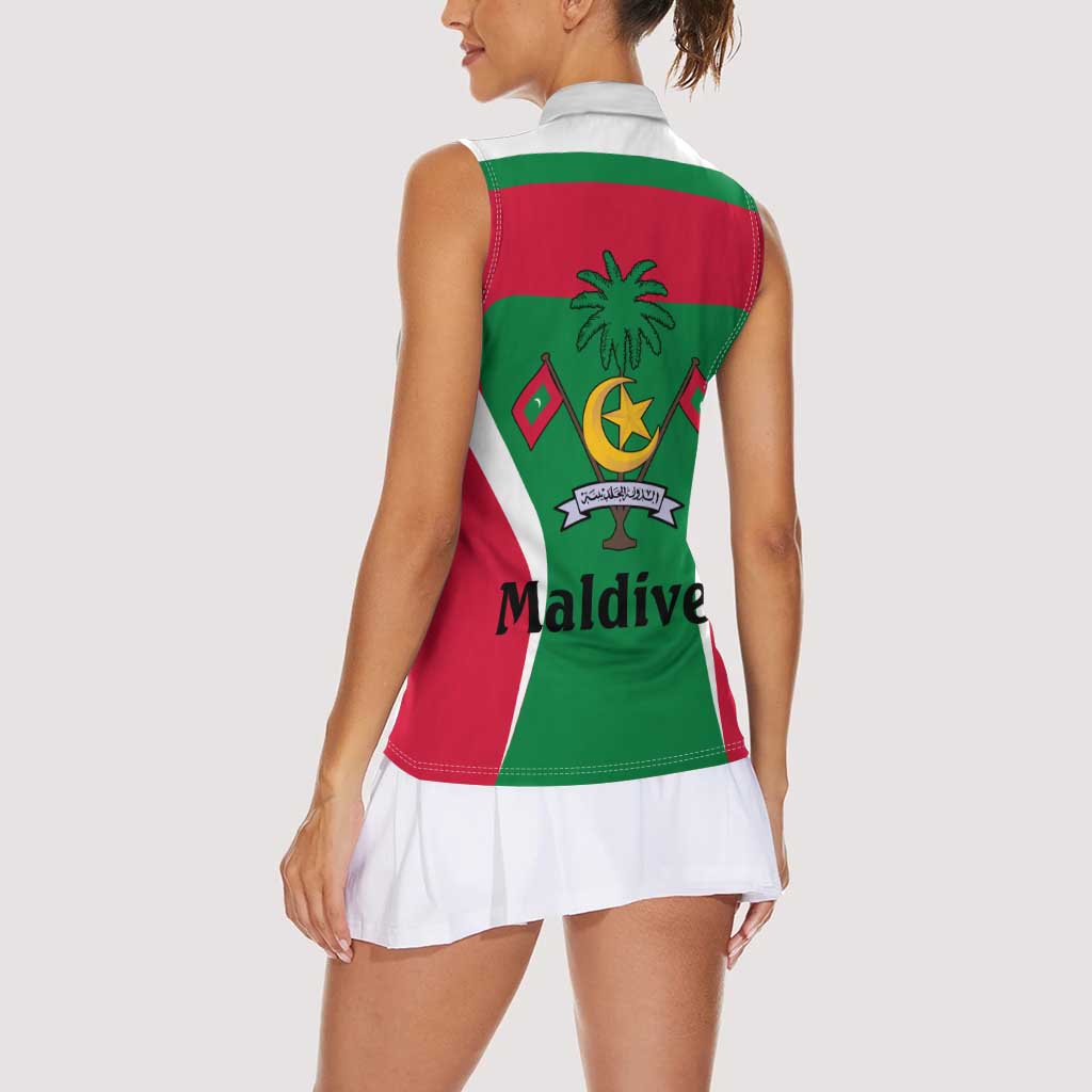 Maldives National Flag and Emblem Women Sleeveless Polo Shirt with Green Red White Colorblock Design