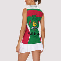 Maldives National Flag and Emblem Women Sleeveless Polo Shirt with Green Red White Colorblock Design