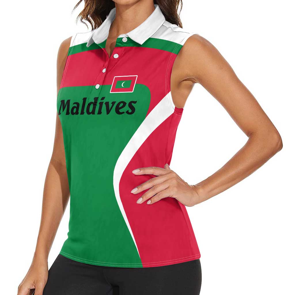 Maldives National Flag and Emblem Women Sleeveless Polo Shirt with Green Red White Colorblock Design
