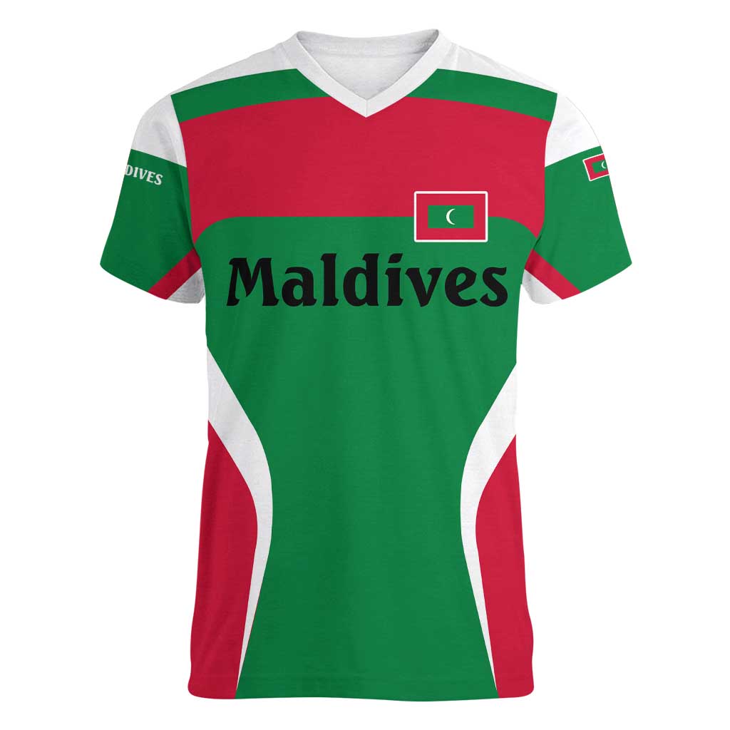 Maldives National Flag and Emblem Women V-Neck T-Shirt with Green Red White Colorblock Design