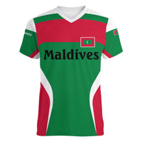 Maldives National Flag and Emblem Women V-Neck T-Shirt with Green Red White Colorblock Design
