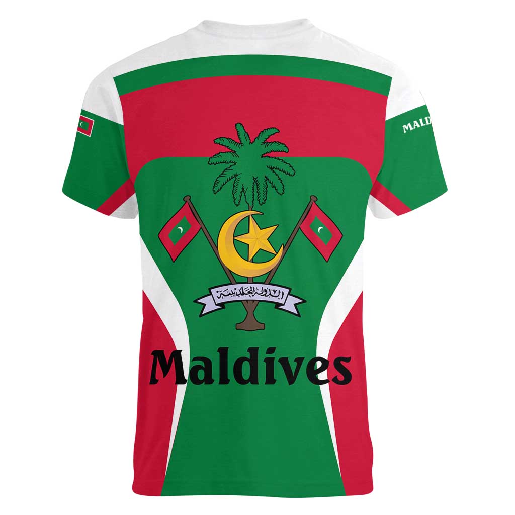 Maldives National Flag and Emblem Women V-Neck T-Shirt with Green Red White Colorblock Design