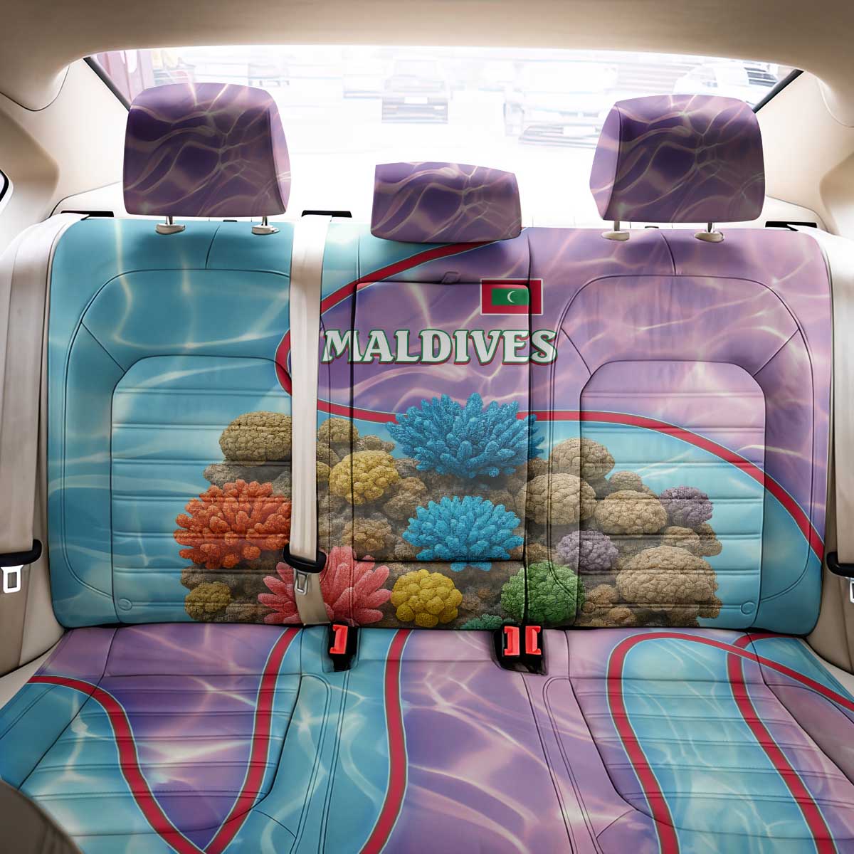 Maldives Coral Reef Ocean Print Back Car Seat Cover with Underwater Pastel Blue and Purple Design