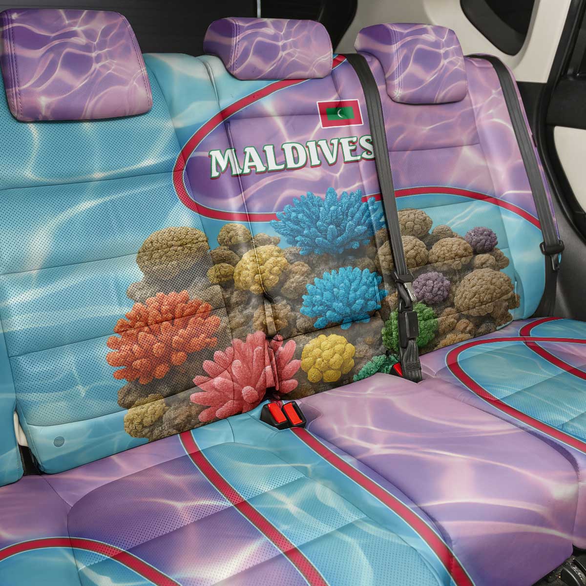 Maldives Coral Reef Ocean Print Back Car Seat Cover with Underwater Pastel Blue and Purple Design