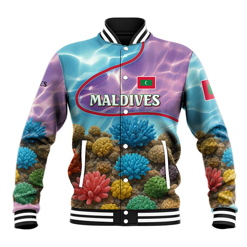 Maldives Coral Reef Ocean Print Baseball Jacket with Underwater Pastel Blue and Purple Design