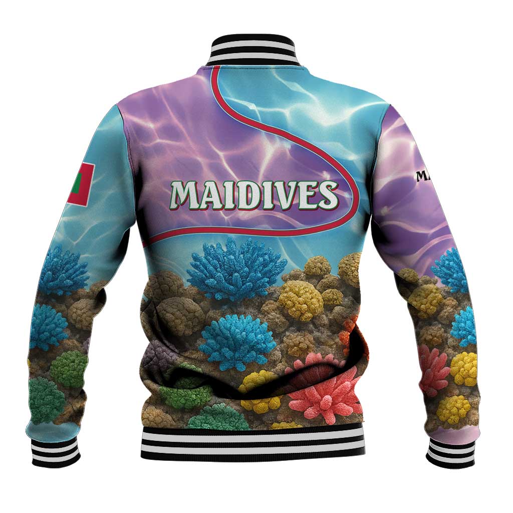 Maldives Coral Reef Ocean Print Baseball Jacket with Underwater Pastel Blue and Purple Design