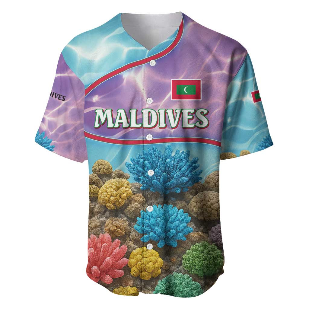 Maldives Coral Reef Ocean Print Baseball Jersey with Underwater Pastel Blue and Purple Design