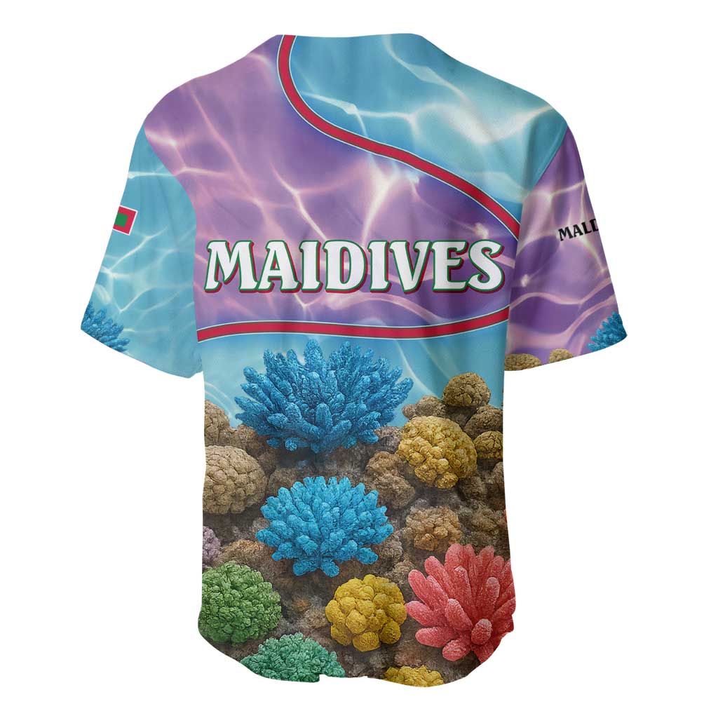 Maldives Coral Reef Ocean Print Baseball Jersey with Underwater Pastel Blue and Purple Design