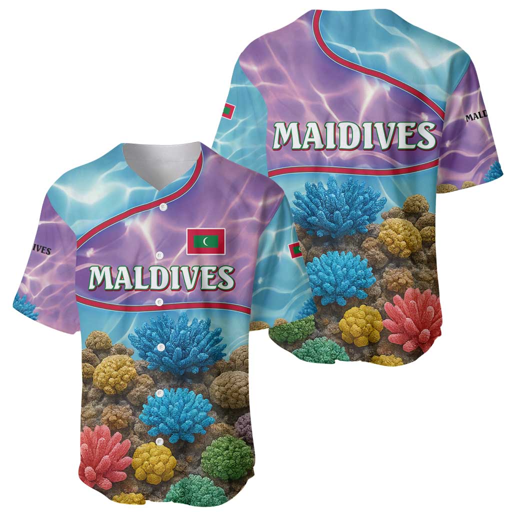 Maldives Coral Reef Ocean Print Baseball Jersey with Underwater Pastel Blue and Purple Design