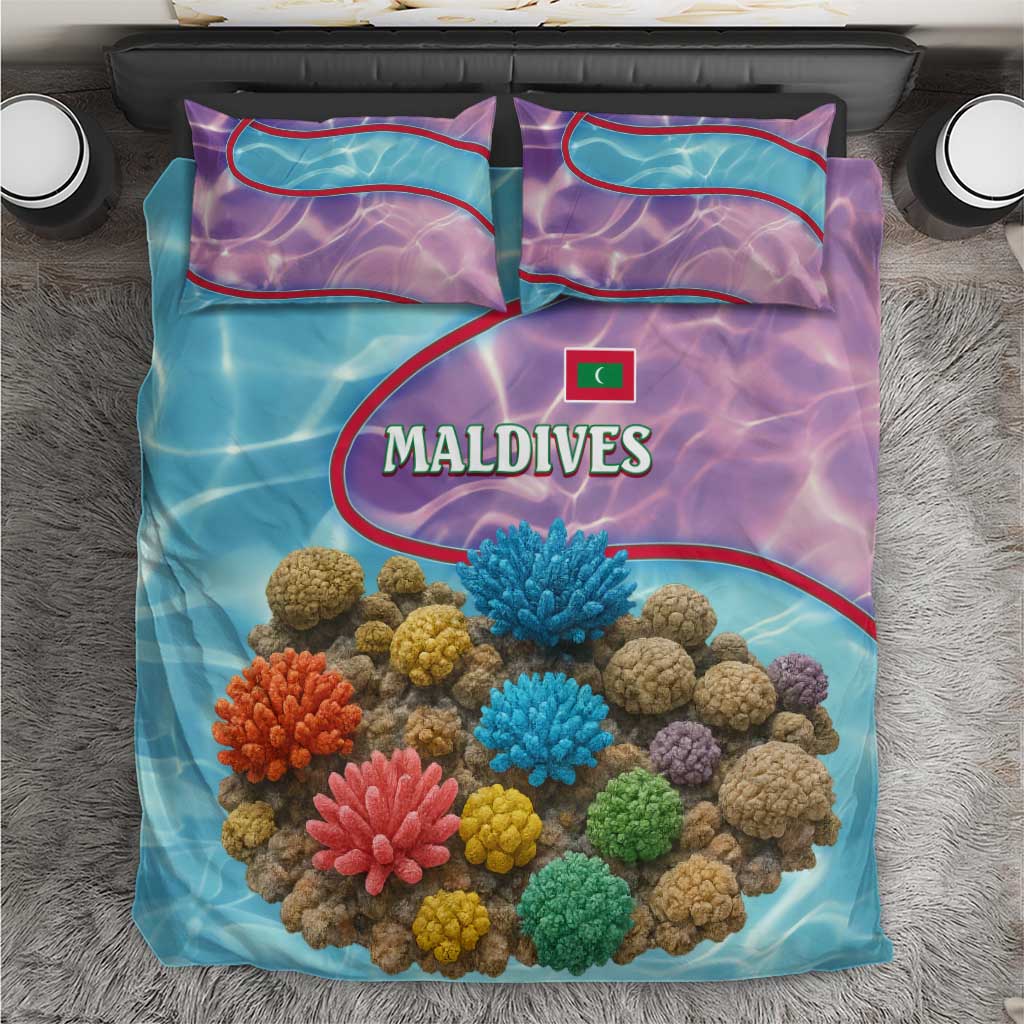 Maldives Coral Reef Ocean Print Bedding Set with Underwater Pastel Blue and Purple Design