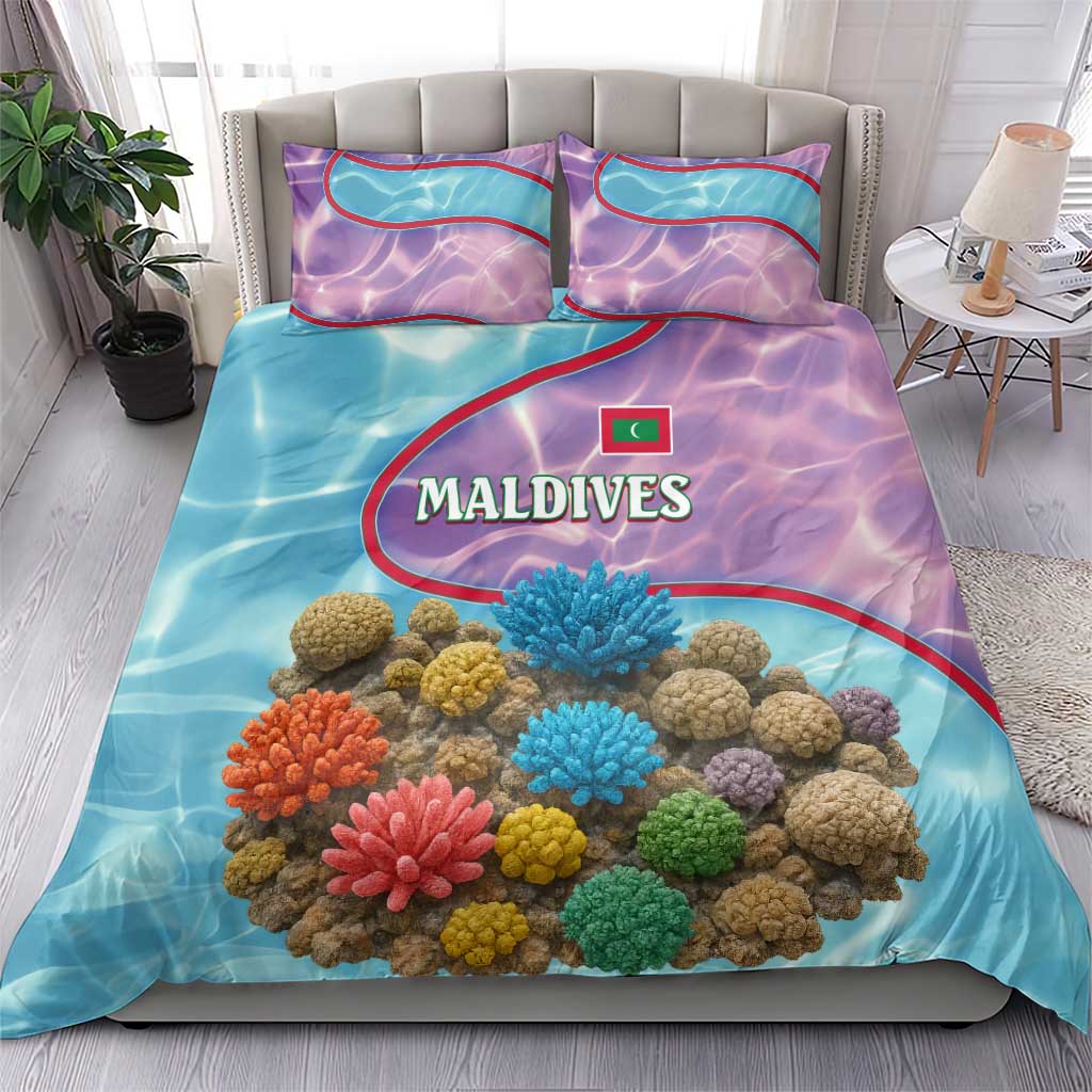 Maldives Coral Reef Ocean Print Bedding Set with Underwater Pastel Blue and Purple Design