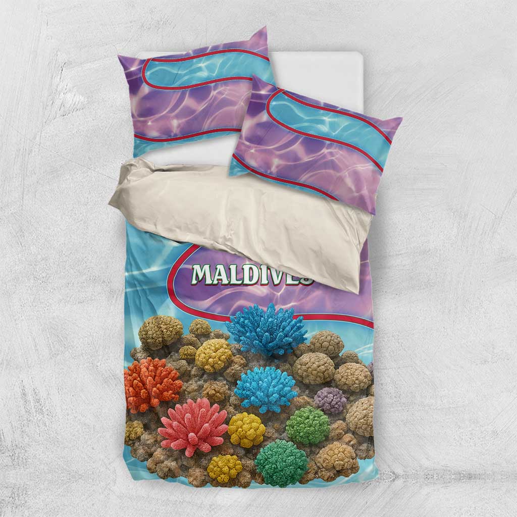 Maldives Coral Reef Ocean Print Bedding Set with Underwater Pastel Blue and Purple Design