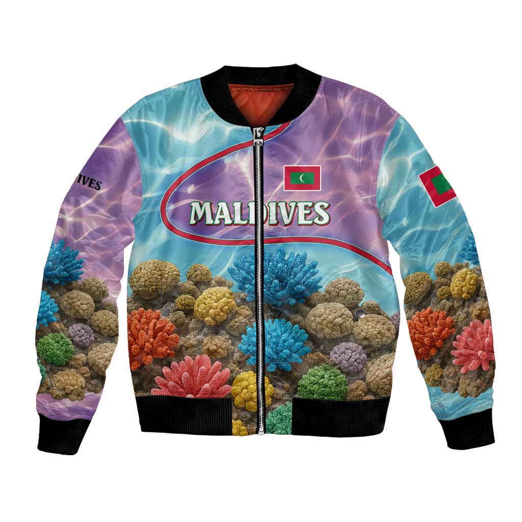 Maldives Coral Reef Ocean Print Bomber Jacket with Underwater Pastel Blue and Purple Design