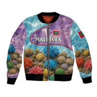 Maldives Coral Reef Ocean Print Bomber Jacket with Underwater Pastel Blue and Purple Design