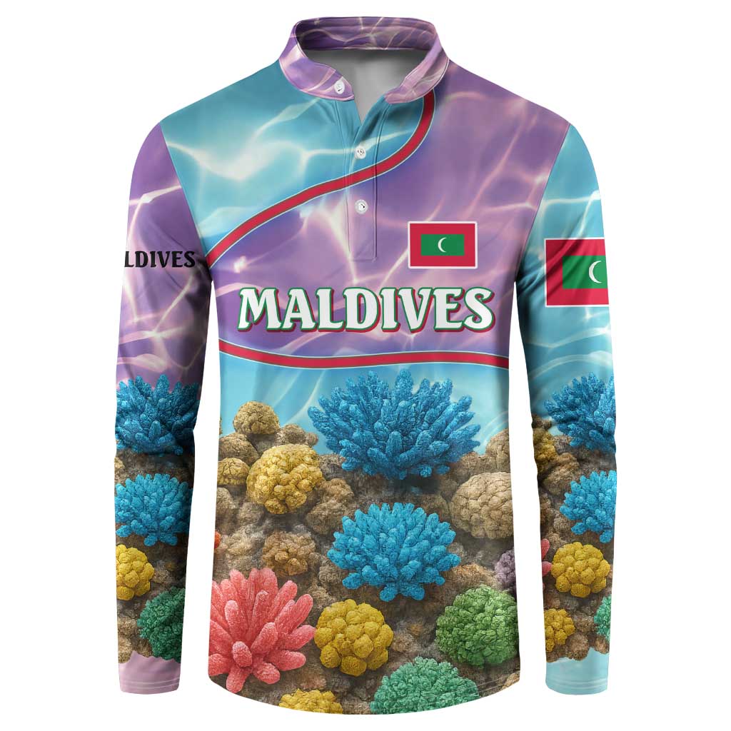 Maldives Coral Reef Ocean Print Button Sweatshirt with Underwater Pastel Blue and Purple Design