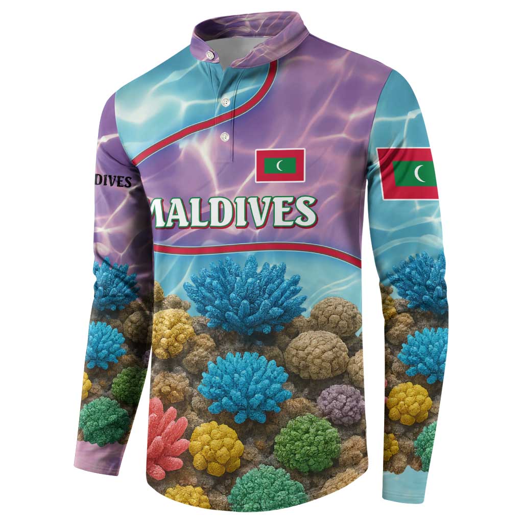 Maldives Coral Reef Ocean Print Button Sweatshirt with Underwater Pastel Blue and Purple Design