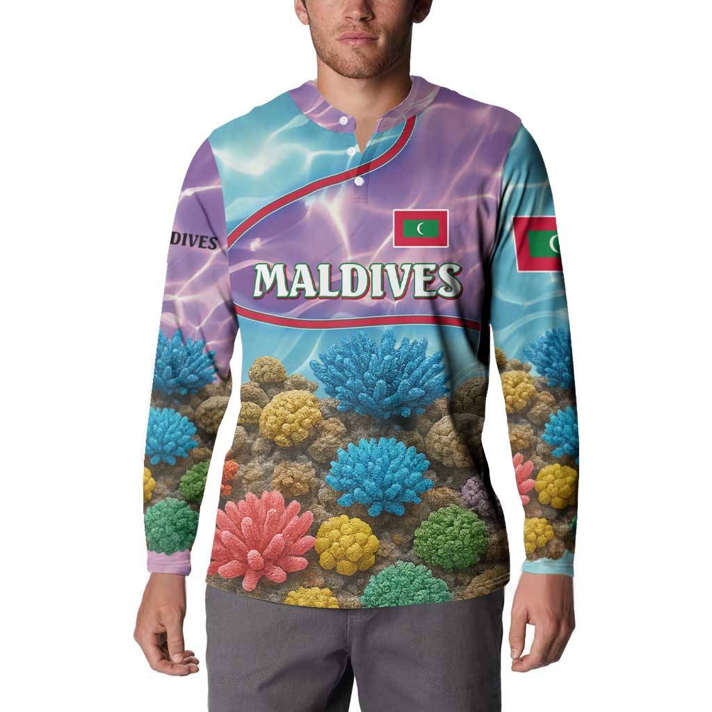 Maldives Coral Reef Ocean Print Button Sweatshirt with Underwater Pastel Blue and Purple Design