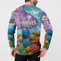Maldives Coral Reef Ocean Print Button Sweatshirt with Underwater Pastel Blue and Purple Design