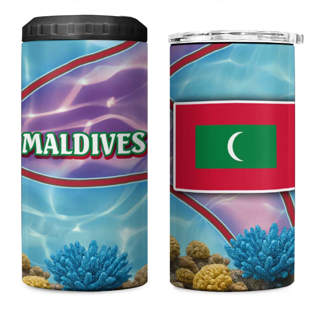 Maldives Coral Reef Ocean Print 4 in 1 Can Cooler Tumbler with Underwater Pastel Blue and Purple Design