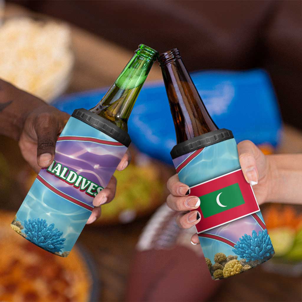 Maldives Coral Reef Ocean Print 4 in 1 Can Cooler Tumbler with Underwater Pastel Blue and Purple Design