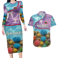 Maldives Coral Reef Ocean Print Couples Matching Long Sleeve Bodycon Dress and Hawaiian Shirt with Underwater Pastel Blue and Purple Design