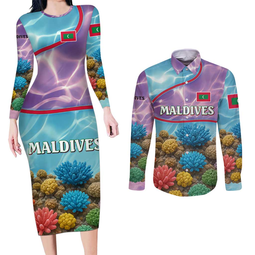 Maldives Coral Reef Ocean Print Couples Matching Long Sleeve Bodycon Dress and Long Sleeve Button Shirt with Underwater Pastel Blue and Purple Design