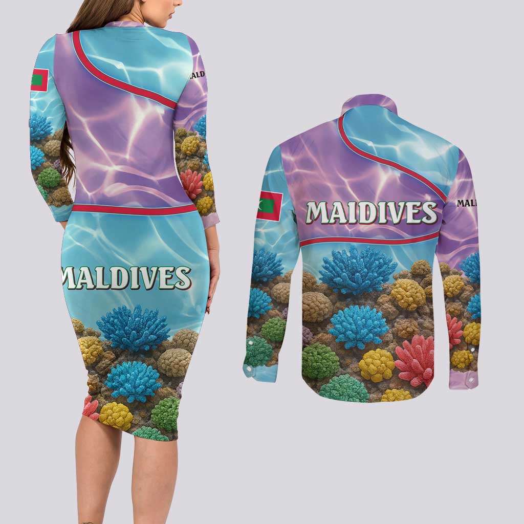 Maldives Coral Reef Ocean Print Couples Matching Long Sleeve Bodycon Dress and Long Sleeve Button Shirt with Underwater Pastel Blue and Purple Design