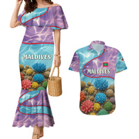 Maldives Coral Reef Ocean Print Couples Matching Mermaid Dress and Hawaiian Shirt with Underwater Pastel Blue and Purple Design