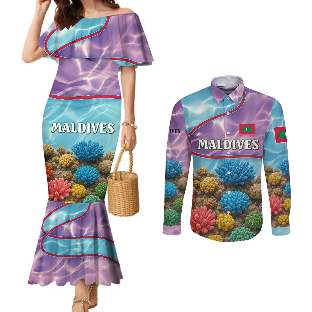 Maldives Coral Reef Ocean Print Couples Matching Mermaid Dress and Long Sleeve Button Shirt with Underwater Pastel Blue and Purple Design