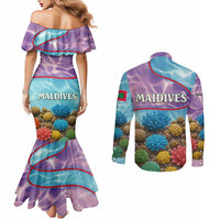 Maldives Coral Reef Ocean Print Couples Matching Mermaid Dress and Long Sleeve Button Shirt with Underwater Pastel Blue and Purple Design