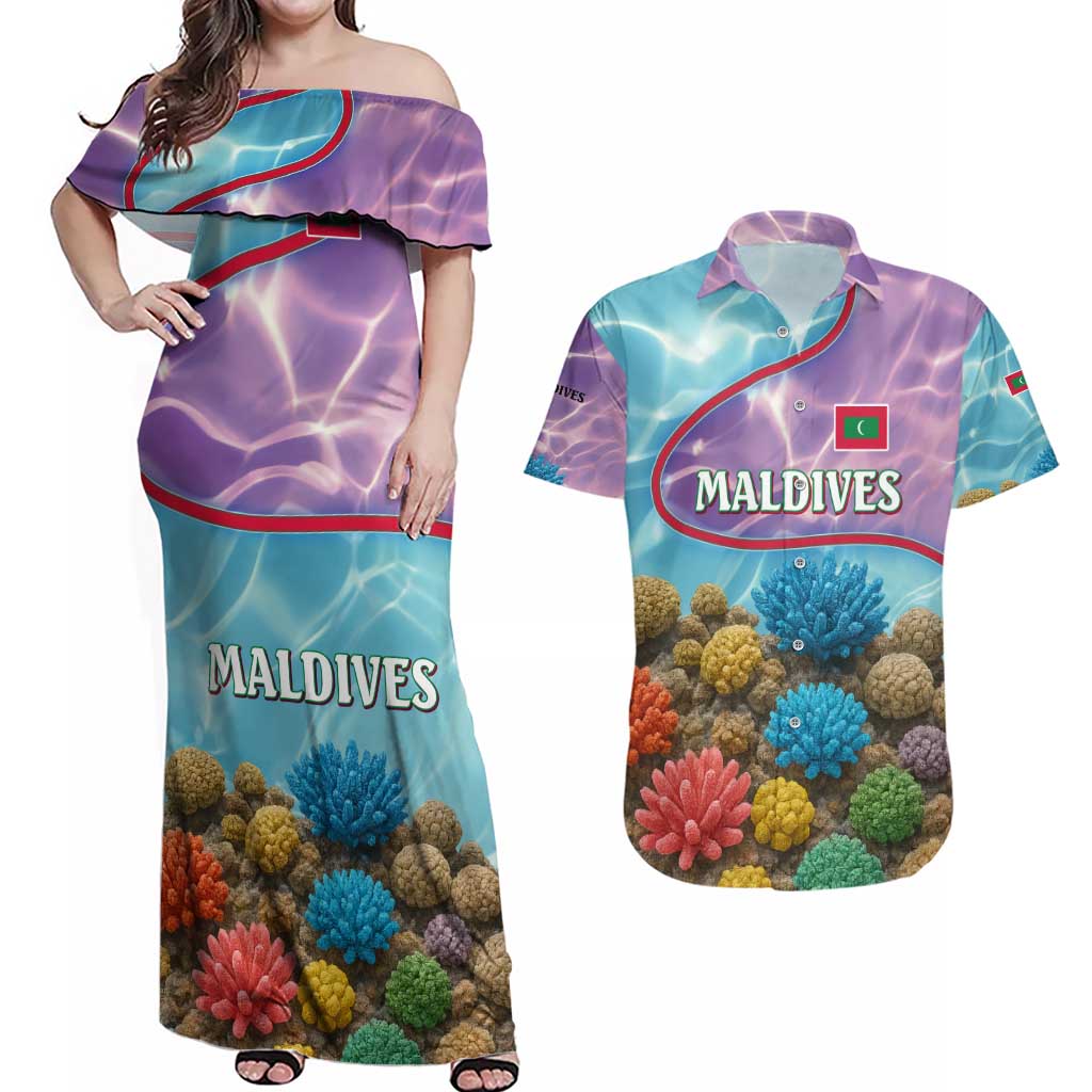 Maldives Coral Reef Ocean Print Couples Matching Off Shoulder Maxi Dress and Hawaiian Shirt with Underwater Pastel Blue and Purple Design