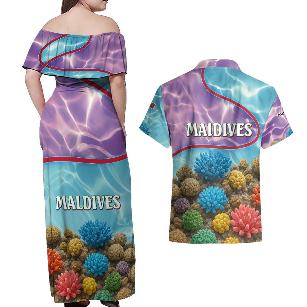 Maldives Coral Reef Ocean Print Couples Matching Off Shoulder Maxi Dress and Hawaiian Shirt with Underwater Pastel Blue and Purple Design
