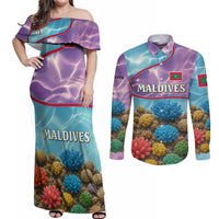 Maldives Coral Reef Ocean Print Couples Matching Off Shoulder Maxi Dress and Long Sleeve Button Shirt with Underwater Pastel Blue and Purple Design