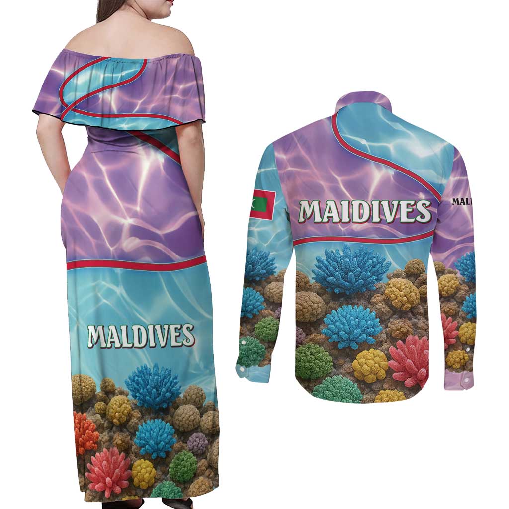 Maldives Coral Reef Ocean Print Couples Matching Off Shoulder Maxi Dress and Long Sleeve Button Shirt with Underwater Pastel Blue and Purple Design