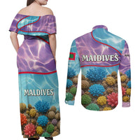 Maldives Coral Reef Ocean Print Couples Matching Off Shoulder Maxi Dress and Long Sleeve Button Shirt with Underwater Pastel Blue and Purple Design