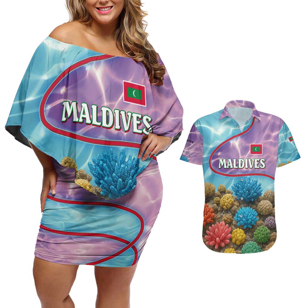 Maldives Coral Reef Ocean Print Couples Matching Off Shoulder Short Dress and Hawaiian Shirt with Underwater Pastel Blue and Purple Design