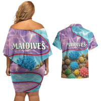 Maldives Coral Reef Ocean Print Couples Matching Off Shoulder Short Dress and Hawaiian Shirt with Underwater Pastel Blue and Purple Design