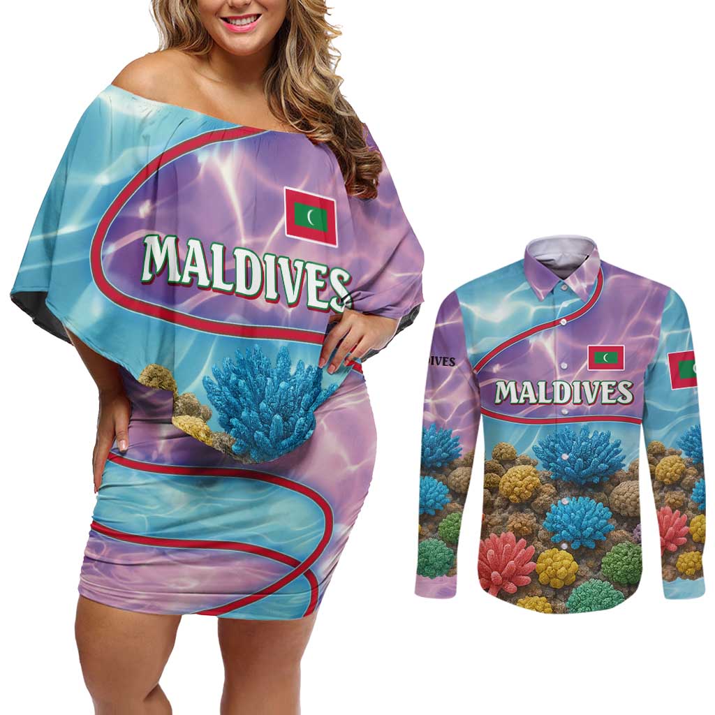 Maldives Coral Reef Ocean Print Couples Matching Off Shoulder Short Dress and Long Sleeve Button Shirt with Underwater Pastel Blue and Purple Design