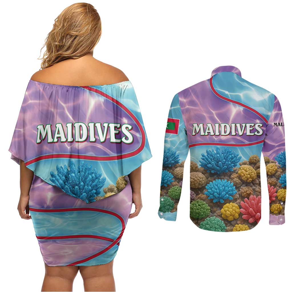 Maldives Coral Reef Ocean Print Couples Matching Off Shoulder Short Dress and Long Sleeve Button Shirt with Underwater Pastel Blue and Purple Design