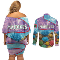 Maldives Coral Reef Ocean Print Couples Matching Off Shoulder Short Dress and Long Sleeve Button Shirt with Underwater Pastel Blue and Purple Design