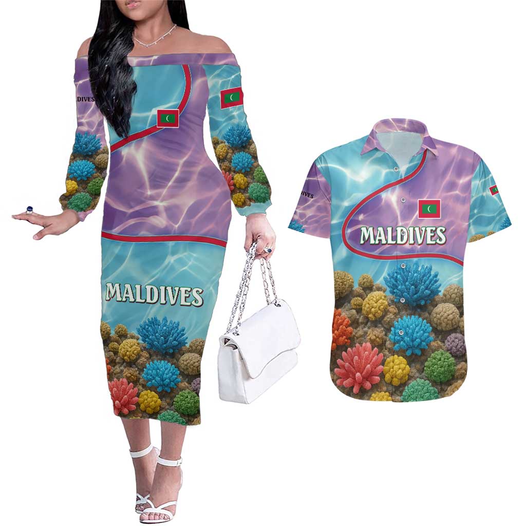 Maldives Coral Reef Ocean Print Couples Matching Off The Shoulder Long Sleeve Dress and Hawaiian Shirt with Underwater Pastel Blue and Purple Design
