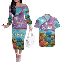 Maldives Coral Reef Ocean Print Couples Matching Off The Shoulder Long Sleeve Dress and Hawaiian Shirt with Underwater Pastel Blue and Purple Design
