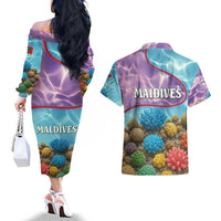 Maldives Coral Reef Ocean Print Couples Matching Off The Shoulder Long Sleeve Dress and Hawaiian Shirt with Underwater Pastel Blue and Purple Design