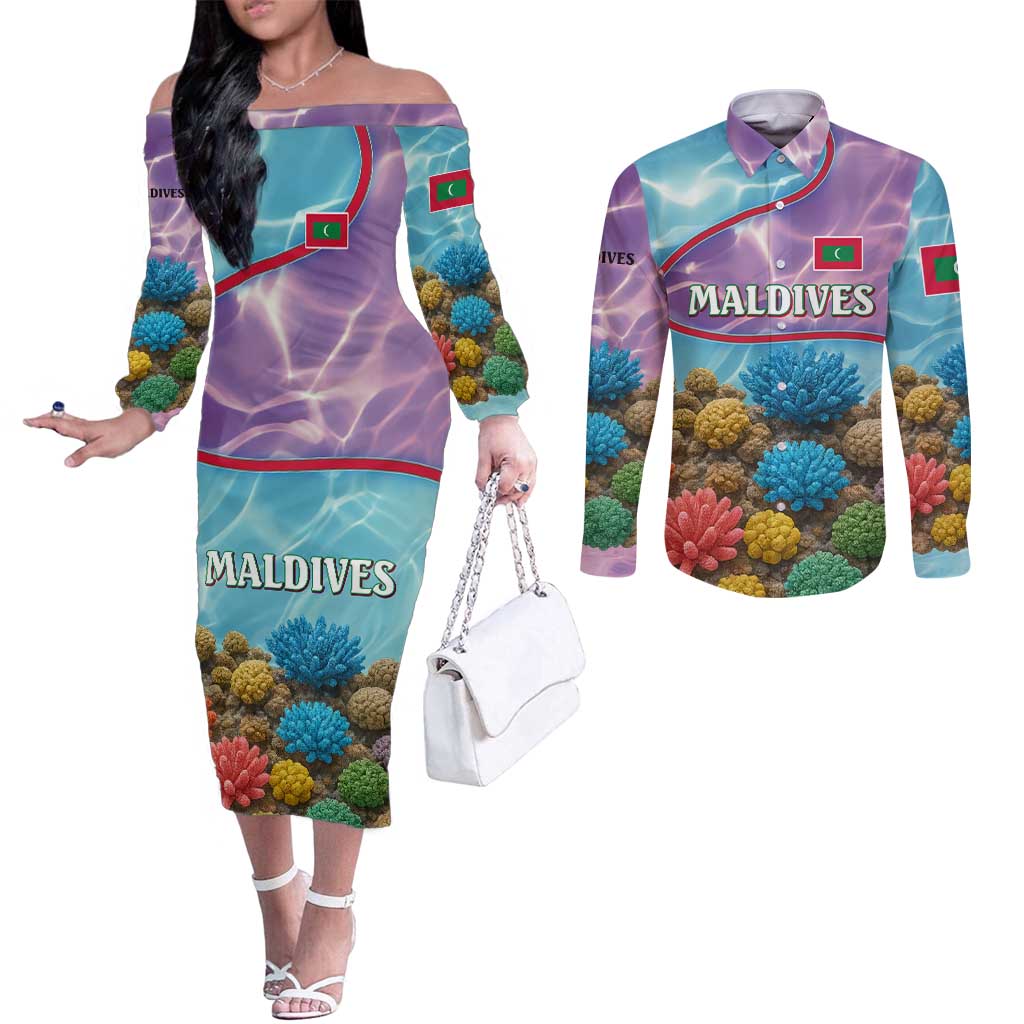 Maldives Coral Reef Ocean Print Couples Matching Off The Shoulder Long Sleeve Dress and Long Sleeve Button Shirt with Underwater Pastel Blue and Purple Design