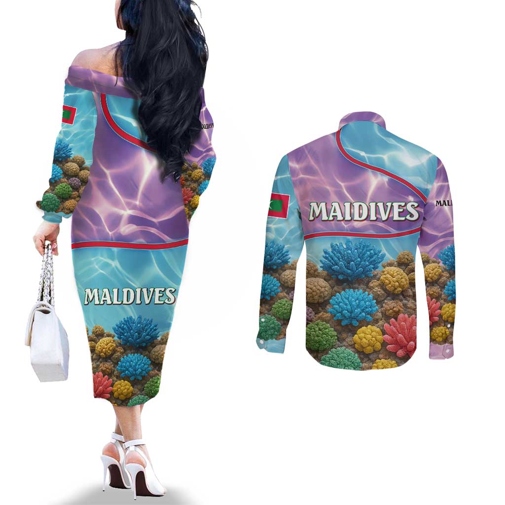 Maldives Coral Reef Ocean Print Couples Matching Off The Shoulder Long Sleeve Dress and Long Sleeve Button Shirt with Underwater Pastel Blue and Purple Design