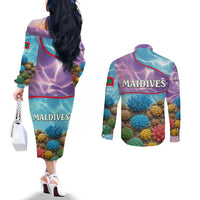 Maldives Coral Reef Ocean Print Couples Matching Off The Shoulder Long Sleeve Dress and Long Sleeve Button Shirt with Underwater Pastel Blue and Purple Design
