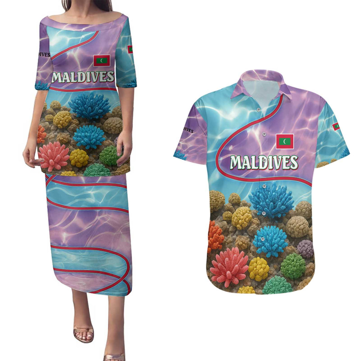 Maldives Coral Reef Ocean Print Couples Matching Puletasi and Hawaiian Shirt with Underwater Pastel Blue and Purple Design