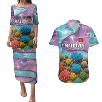 Maldives Coral Reef Ocean Print Couples Matching Puletasi and Hawaiian Shirt with Underwater Pastel Blue and Purple Design