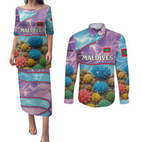 Maldives Coral Reef Ocean Print Couples Matching Puletasi and Long Sleeve Button Shirt with Underwater Pastel Blue and Purple Design