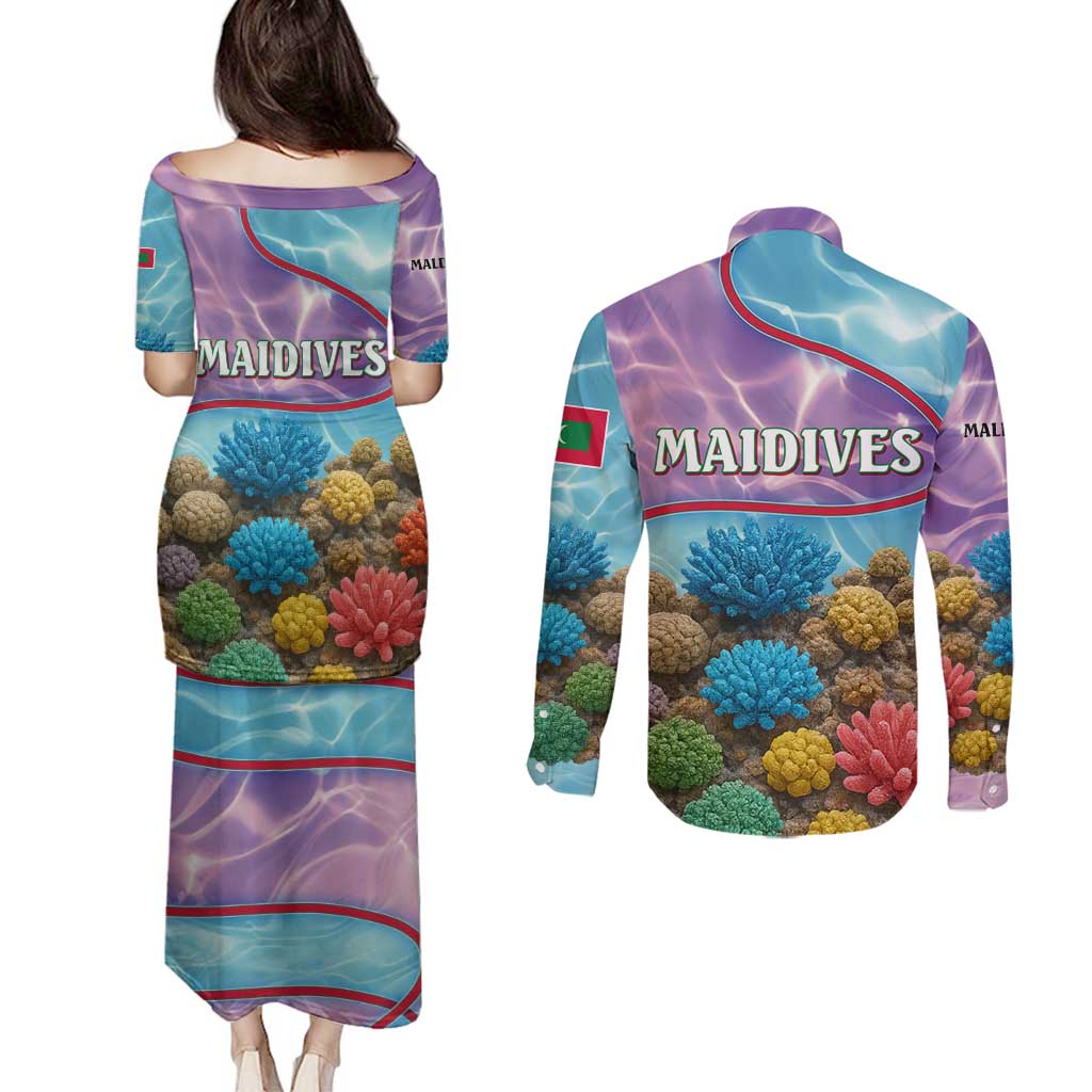 Maldives Coral Reef Ocean Print Couples Matching Puletasi and Long Sleeve Button Shirt with Underwater Pastel Blue and Purple Design